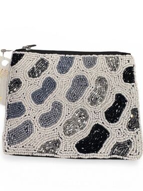 Kaylee New York Seed Bead Zip Pouch, Handmade Black White Leopard